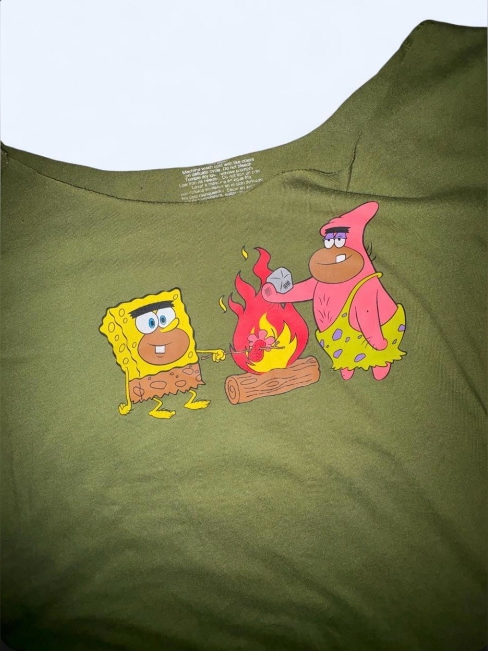 SpongeBob “Where’s Patrick?” Long Sleeve Graphic Tee Olive Green Y2K Cartoon Top